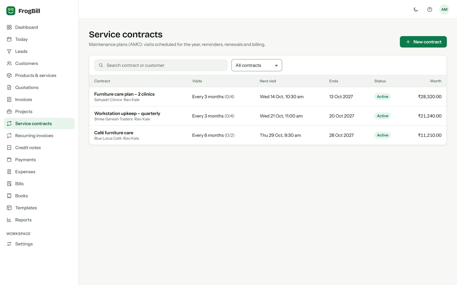 FrogBill service contracts with visits every few months, the next visit, end date and value.