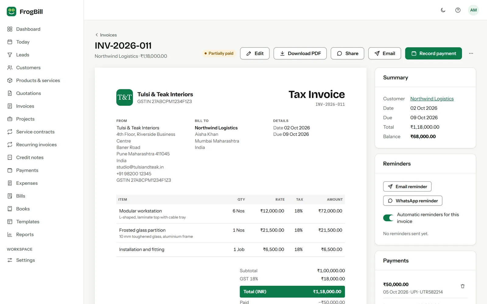 A finished FrogBill invoice with a logo, GSTIN, line items and a UPI QR code.