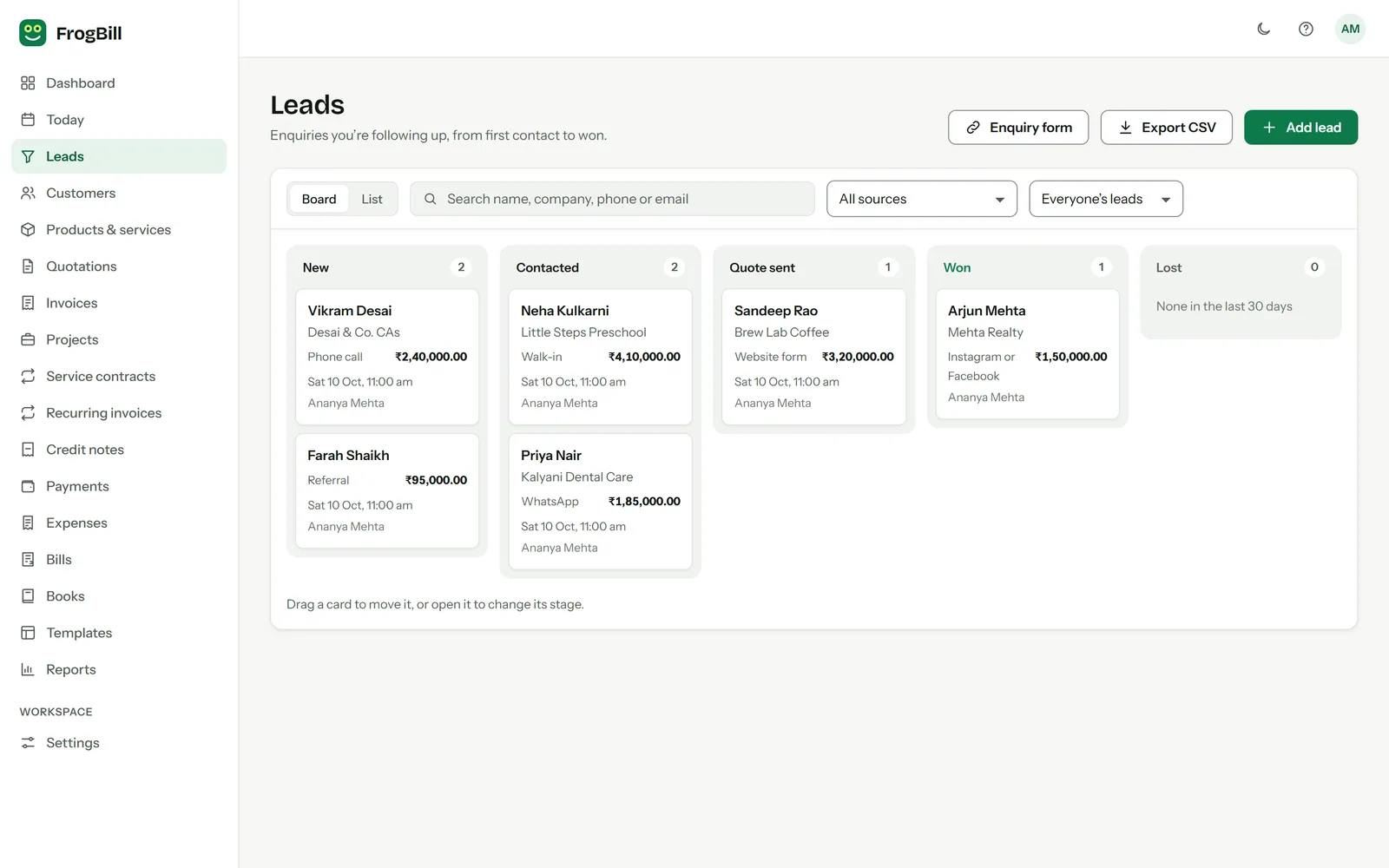 The FrogBill leads board with columns New, Contacted, Quote sent, Won and Lost.