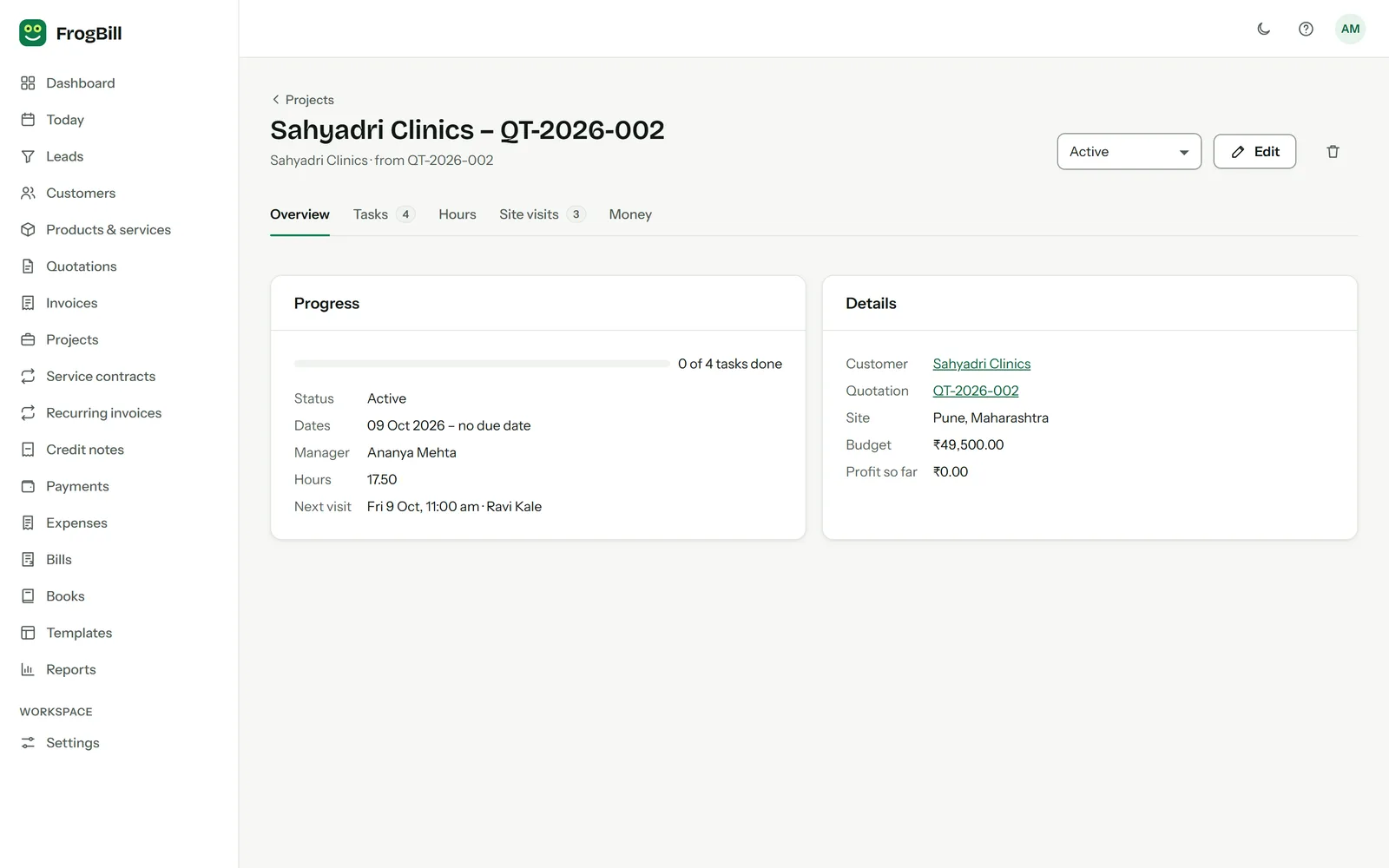 A FrogBill project with tasks, site visits, hours and its budget.