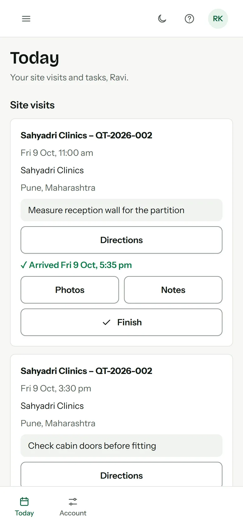 The FrogBill Today screen on a phone, showing a site visit marked as arrived.