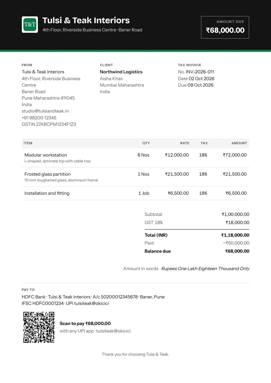 An invoice in the Executive template