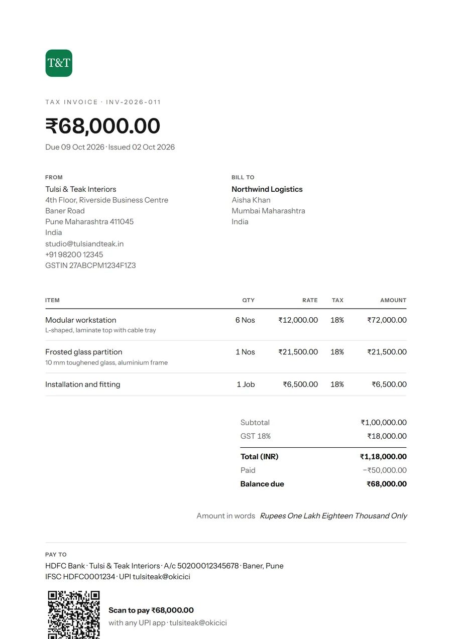 An invoice in the Minimal template
