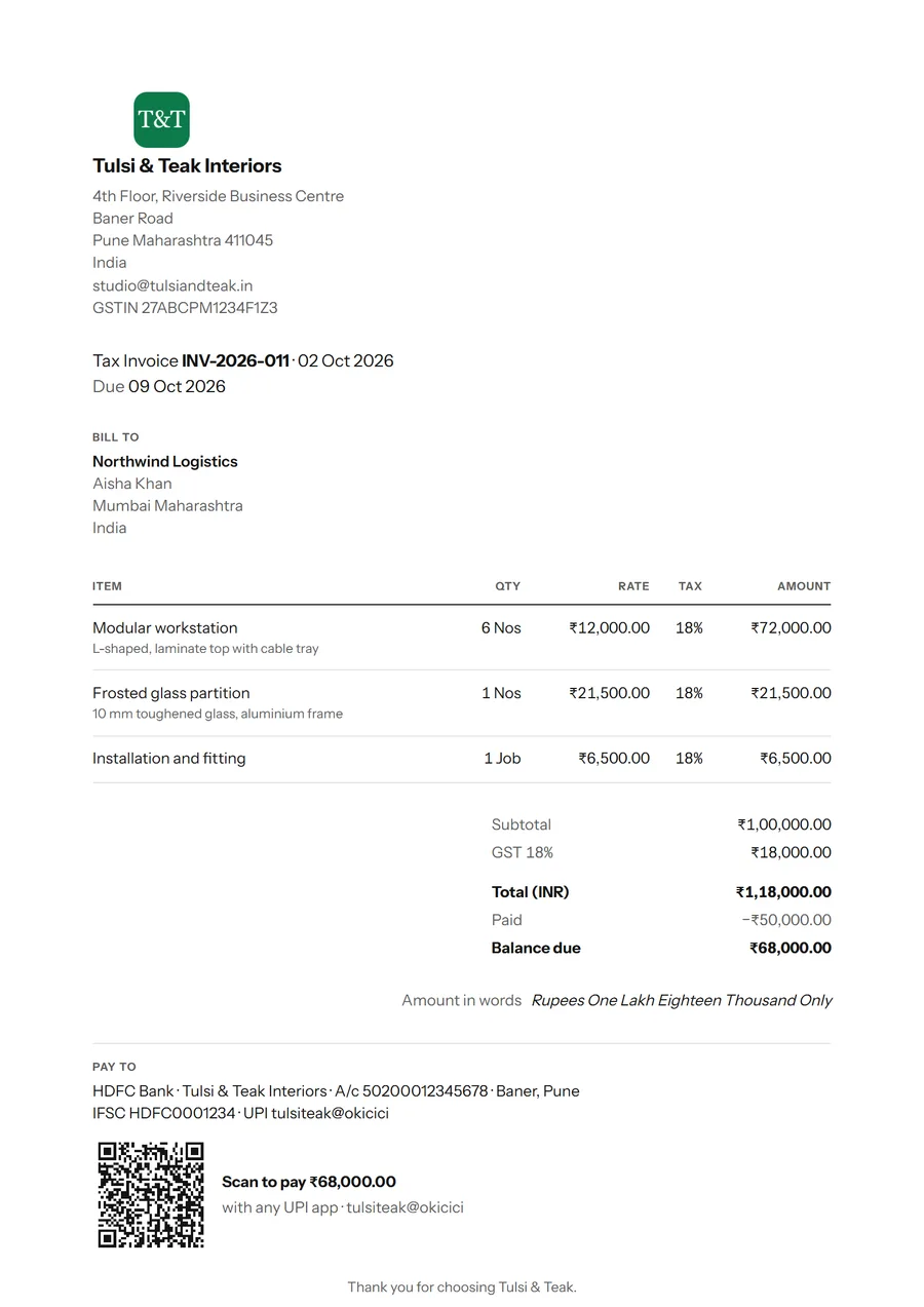 An invoice in the Simple template